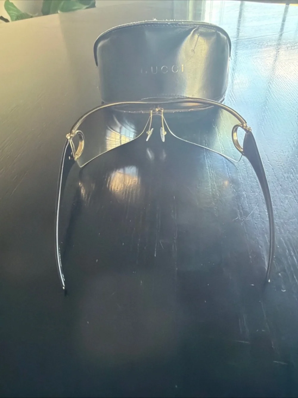 Gucci Gold Rimless Shield Sunglasses with Brown Lenses - Picture 3 of 9